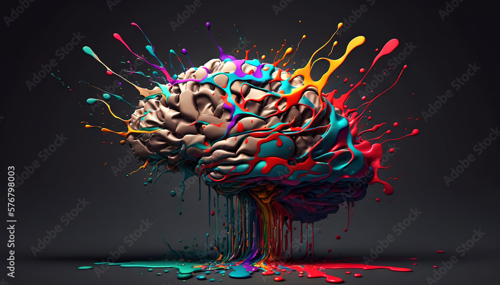 Brain made of tangled interwined colorful paint splashes. Intelligence or creativity concept. Genera