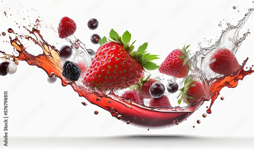  a splash of liquid with strawberries and blackberries on top of it and a splash of water on the bot