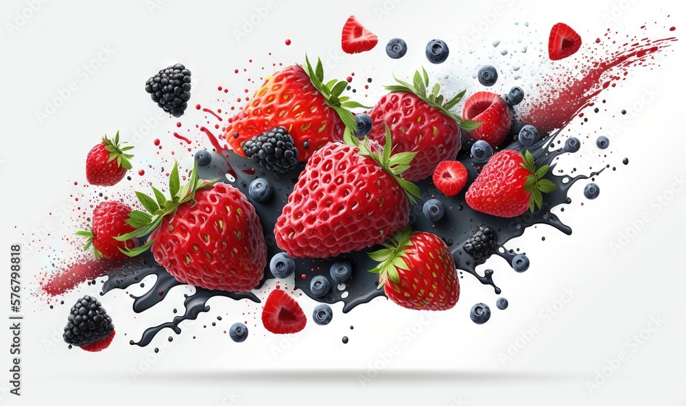  a bunch of strawberries and blueberries are splashing out of a milkshake on a white background with