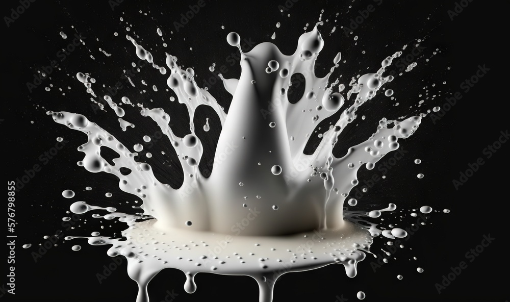  a white liquid splashing on top of a black surface with drops of water on it and on the bottom of t