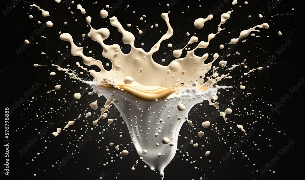  a splash of milk with white and gold on the top of it, in the middle of the image is a black backgr