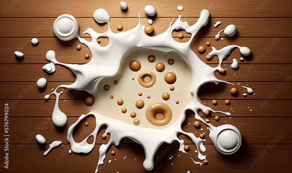  a splash of milk and some other items on a wooden surface with white and brown paint on the top of 