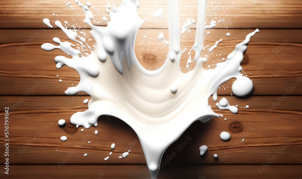  a splash of milk on top of a wooden table with a wooden background and a white liquid pouring out o