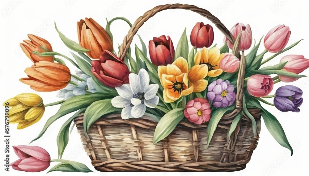  a basket filled with lots of flowers on top of a white background with a green leafy plant in the m