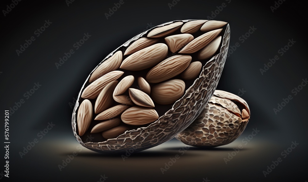  a couple of nuts sitting next to each other on a black background with a dark background behind the