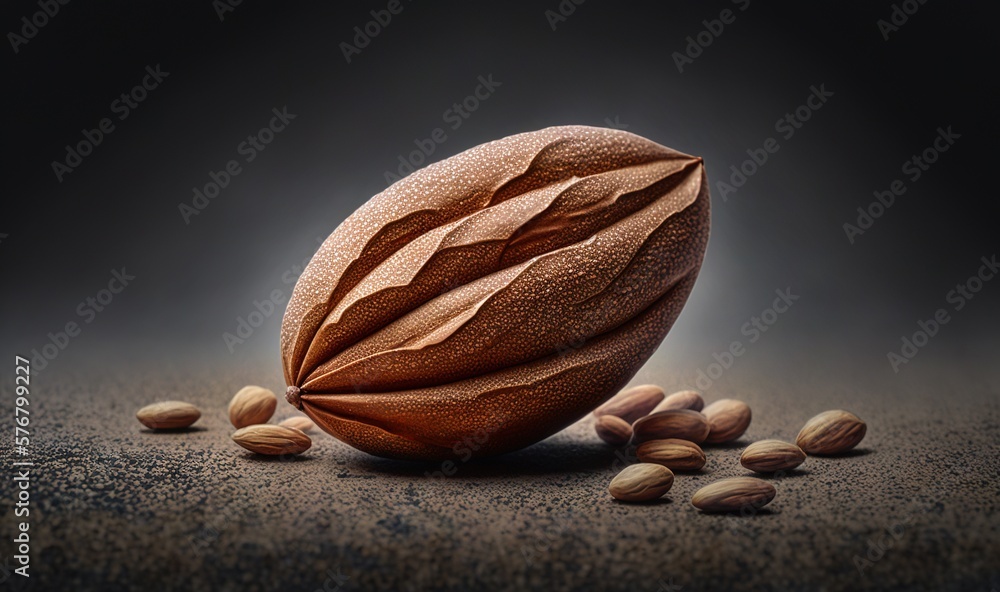  a nuts shell with some almonds on the side of it and a dark background with a few light spots on th