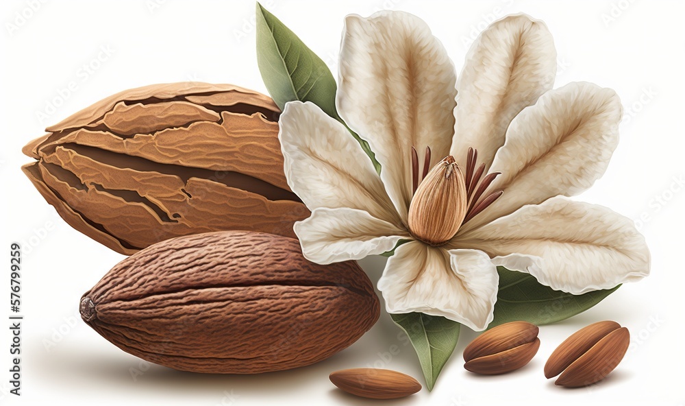  a nut and a flower on a white background with a green leaf and some almonds on the side of the nut 