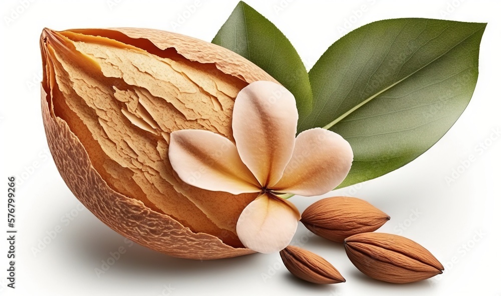  a nut with a flower and leaves on a white background with clipping path to the top of the nut and t