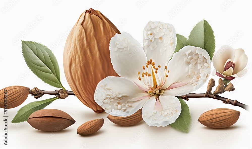  a white flower and some almonds on a white background with leaves and nuts on the branch of a tree 