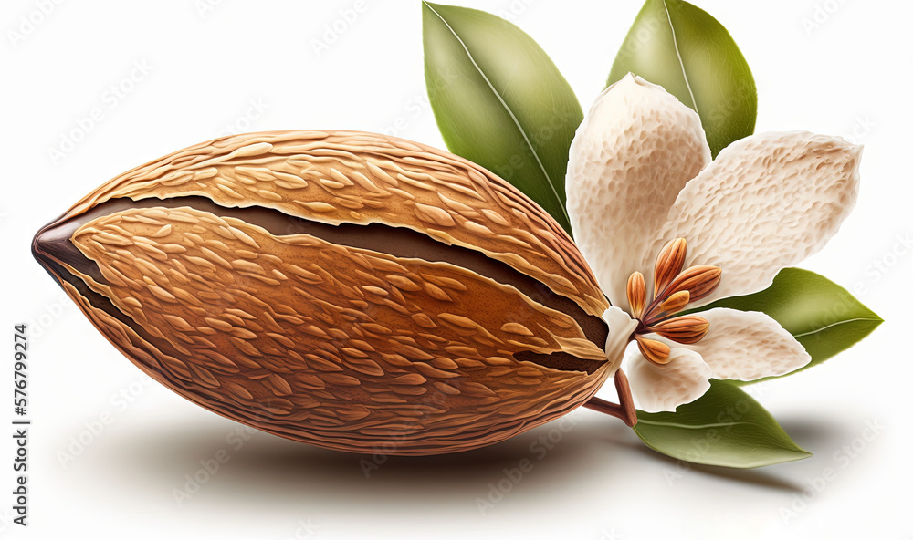  a nut with leaves and a flower on a white background with a white background that has a white backg