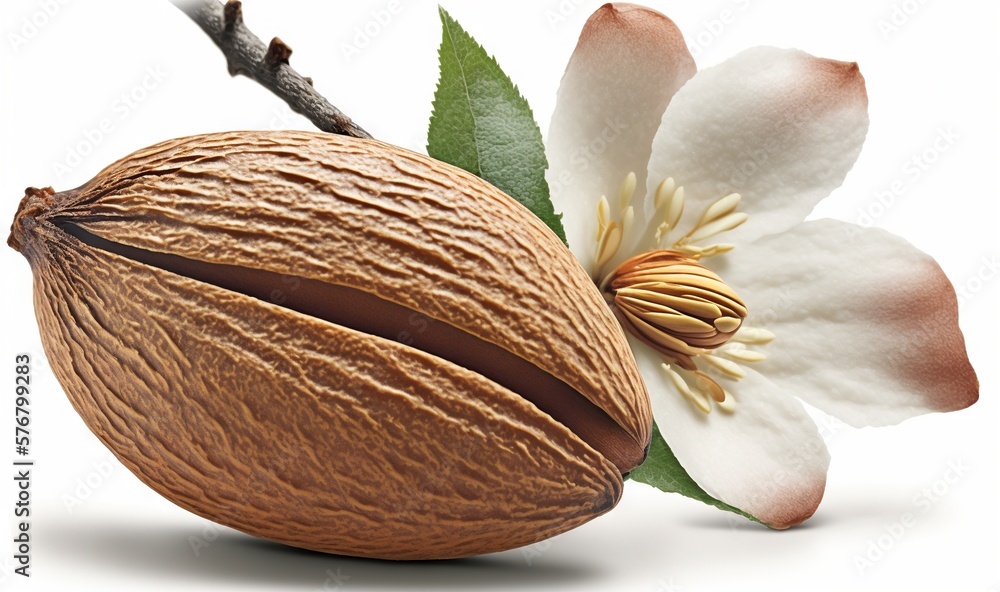  a close up of a nut with a flower in the middle of the nut shell on a white background with a shado