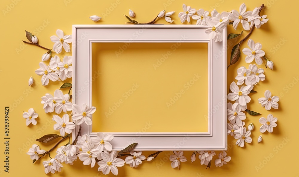  a picture frame with flowers on a yellow background with a place for a text or a picture or a pictu