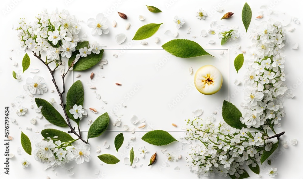  an apple surrounded by white flowers and green leaves on a white background with a white rectangle 