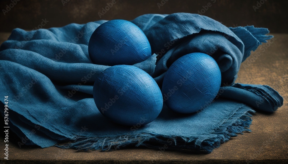  a bunch of blue eggs sitting on top of a blue cloth on a wooden tablecloth covered table cloth with