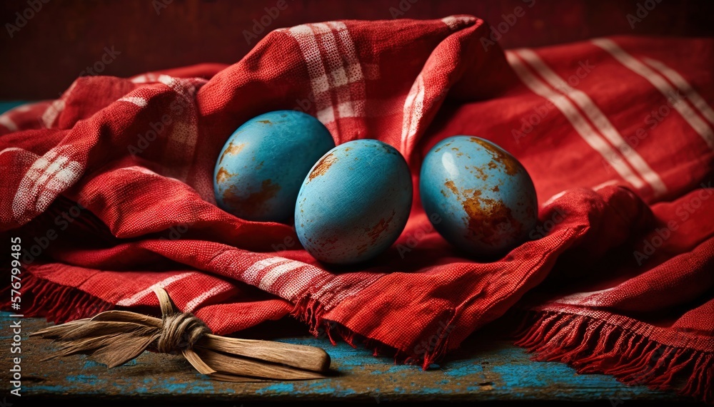  three blue eggs sitting on top of a red and white cloth on a table cloth next to a wooden spoon and