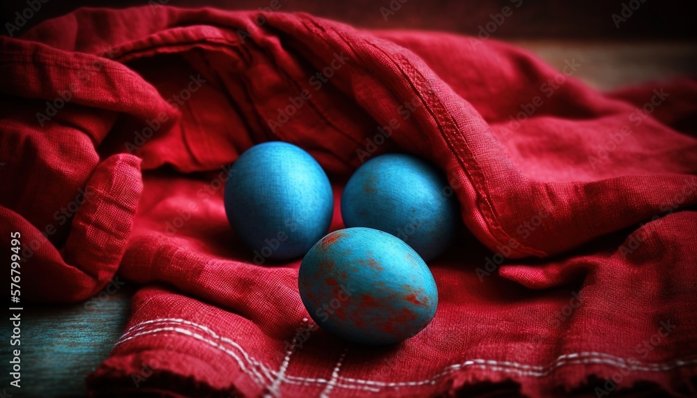  three blue eggs sitting on top of a red cloth on a tablecloth with a red cloth around them and a re