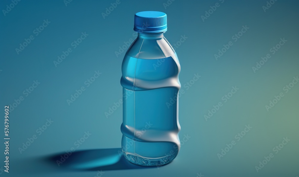  a bottle of water with a blue cap on a blue background with a shadow on the floor and a light refle