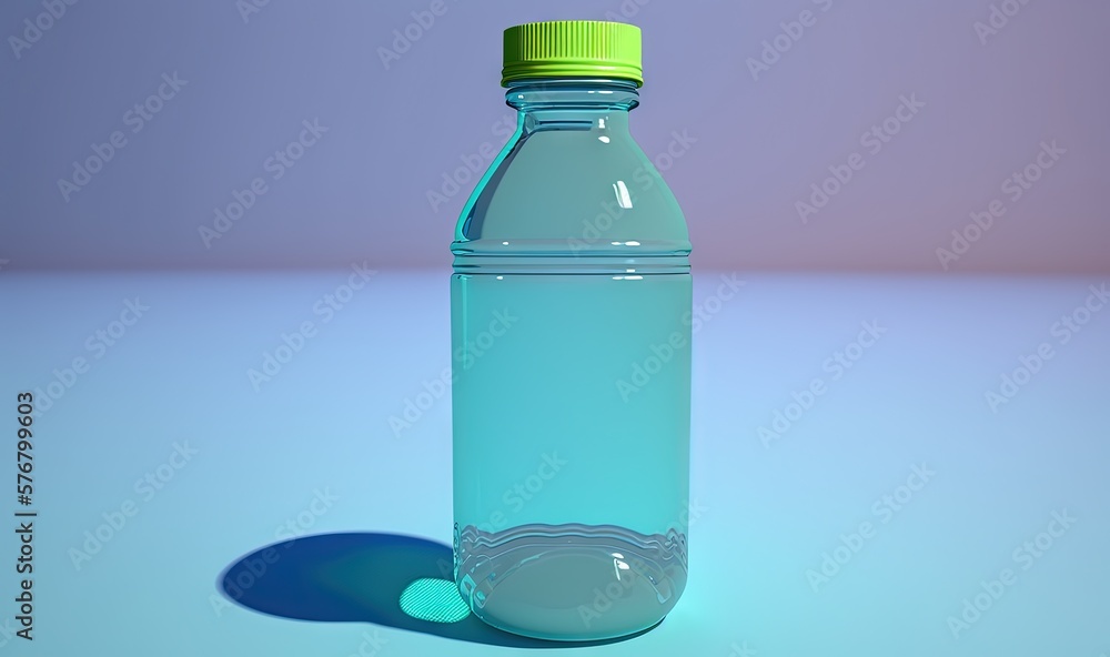  a bottle of water with a green cap on a blue surface with a shadow on the ground and a light blue b