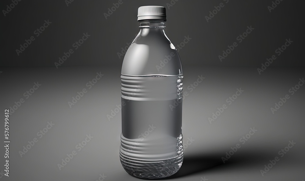  a bottle of water on a gray background with a shadow on the floor and a gray background with a blac