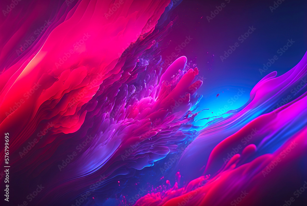 Abstract fluid color background. Layered paint swirls and twists. Blue and viva magenta wallpaper. G