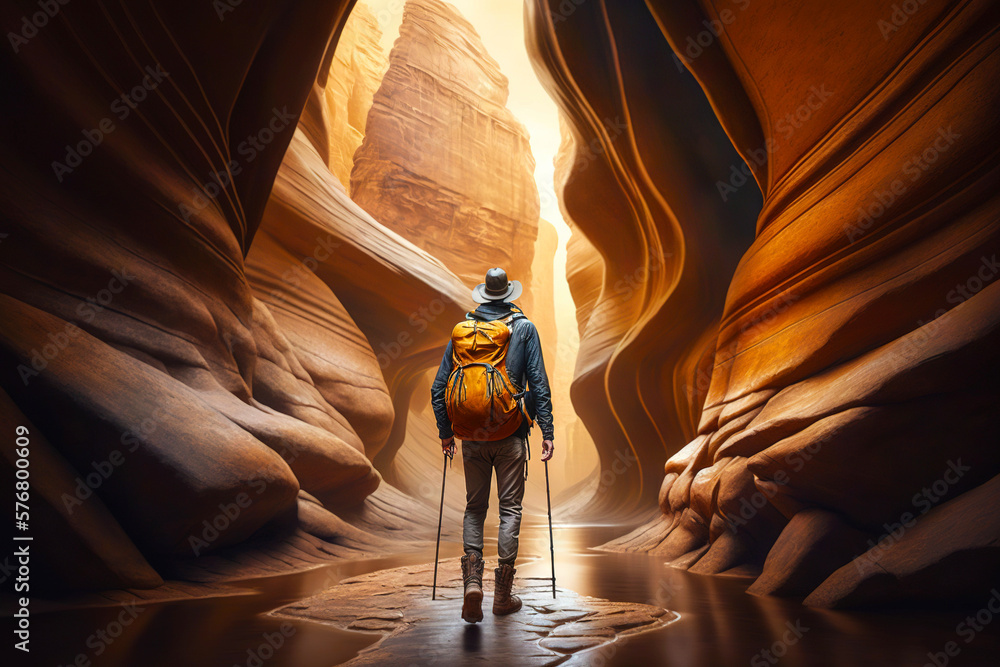 Explorer stand in sandstone canyon. Generative AI