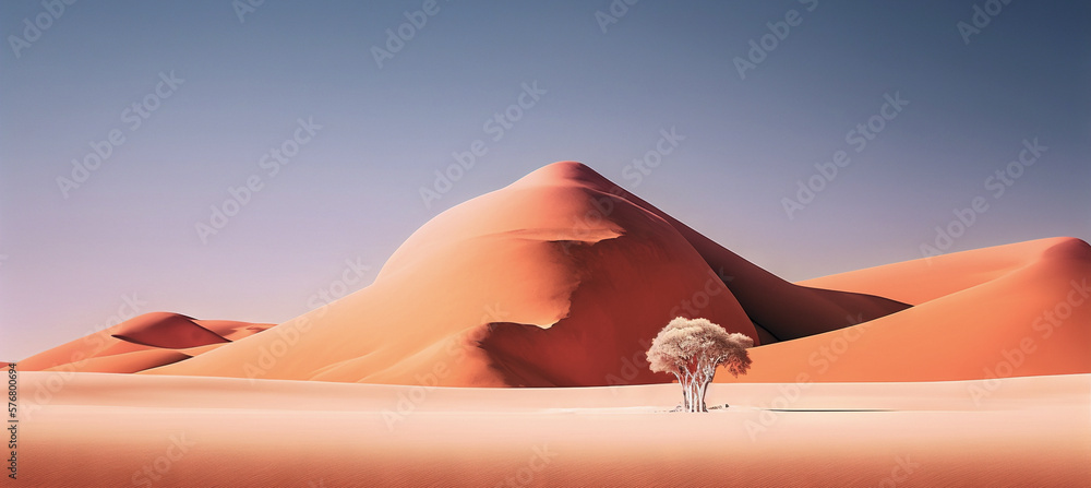 Desert sand minimalistic landscape with alone tree. Atmospheric scenic dunes imaginary view. Generat