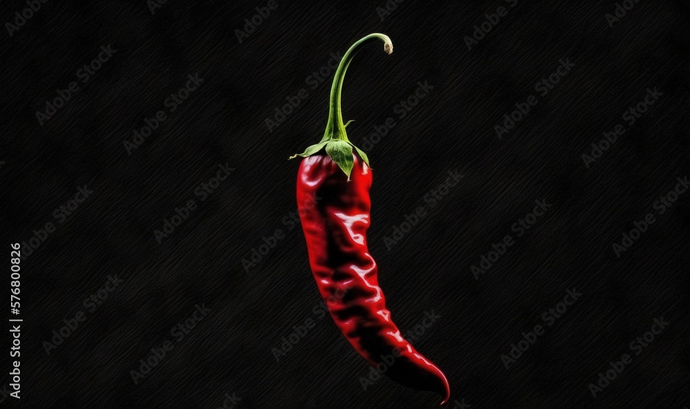  a red chili pepper on a black background with a green stalk sticking out of the top of its head an