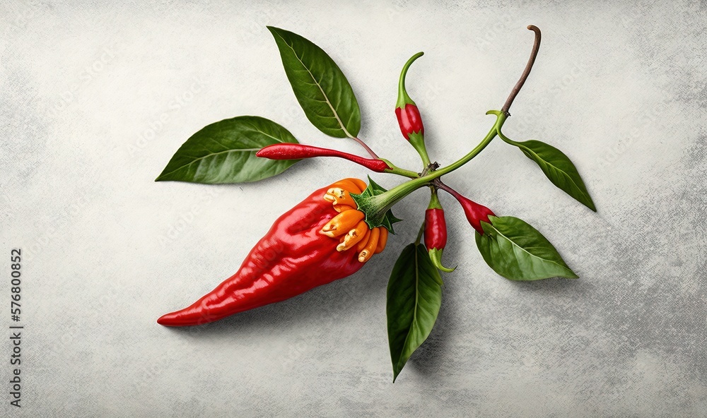  a red chili pepper with green leaves on a gray background with a white background and a gray backgr