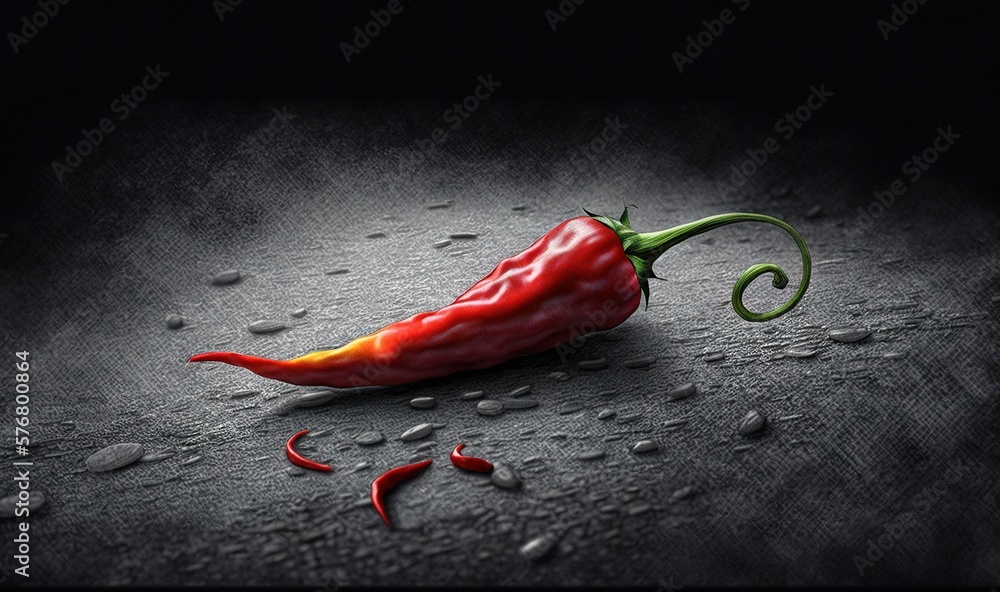  a red pepper with a green stem on a black surface with drops of water around it and a spiral of red