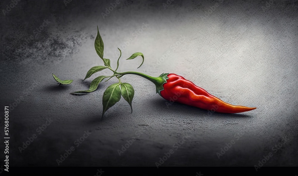  a red chili pepper with a green stem on a dark background with a shadow of the pepper on the ground