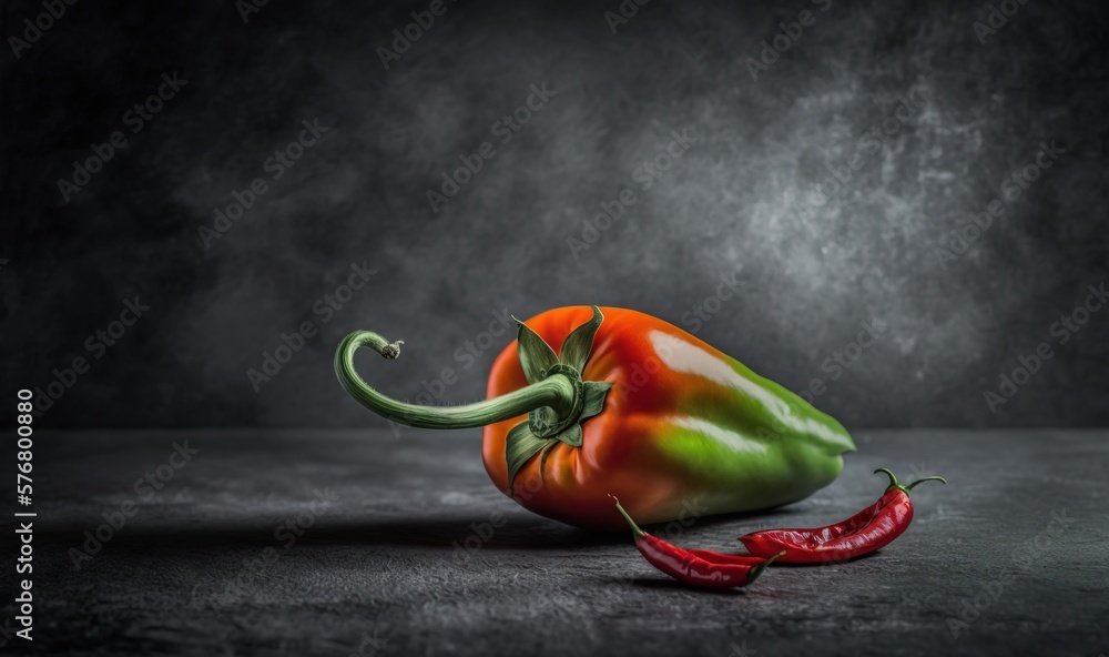  a red and green pepper sitting on top of a black surface next to a green pepper on the ground and a