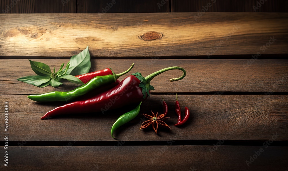  three red and green peppers on a wooden surface with leaves and a spider on the side of the pepper,