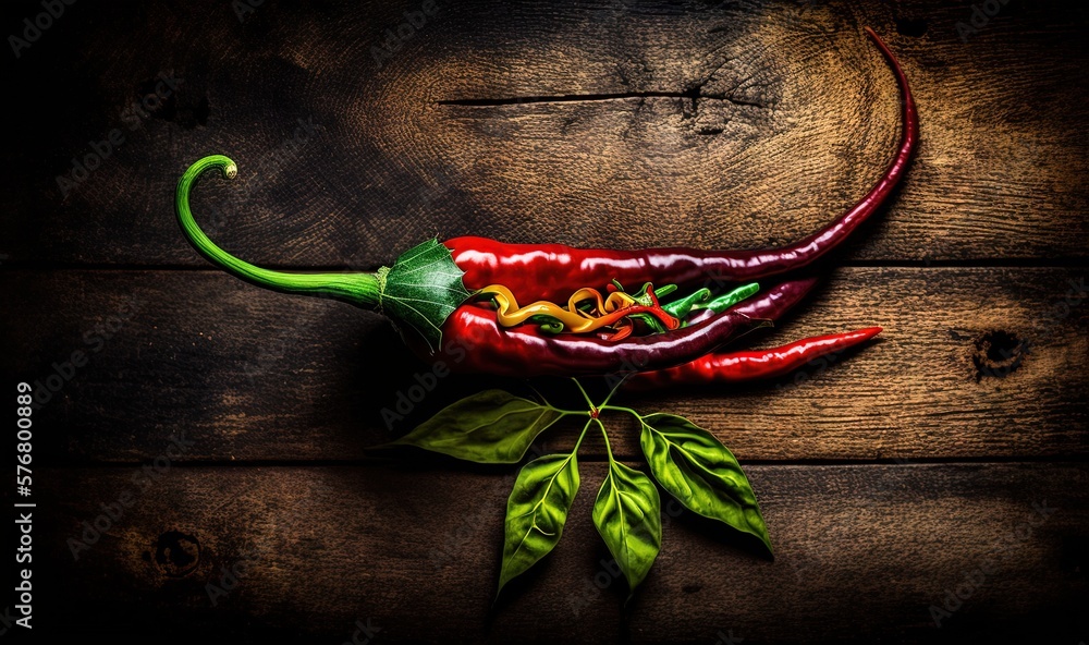  a red hot pepper with green leaves on a wooden surface with a black background and a wooden planked