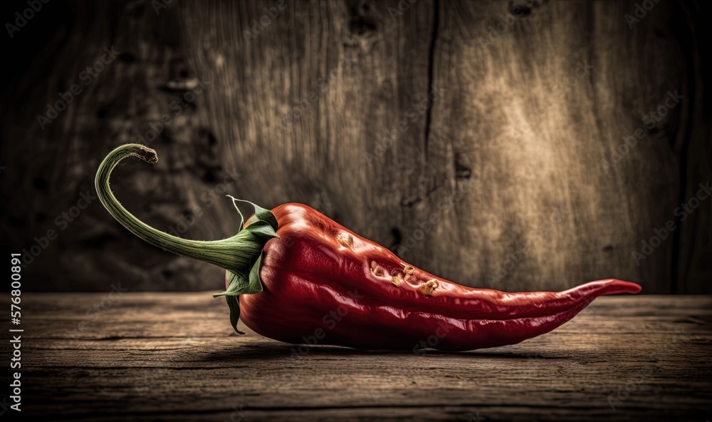  a red pepper sitting on top of a wooden table next to a wooden wall and a black background with a w