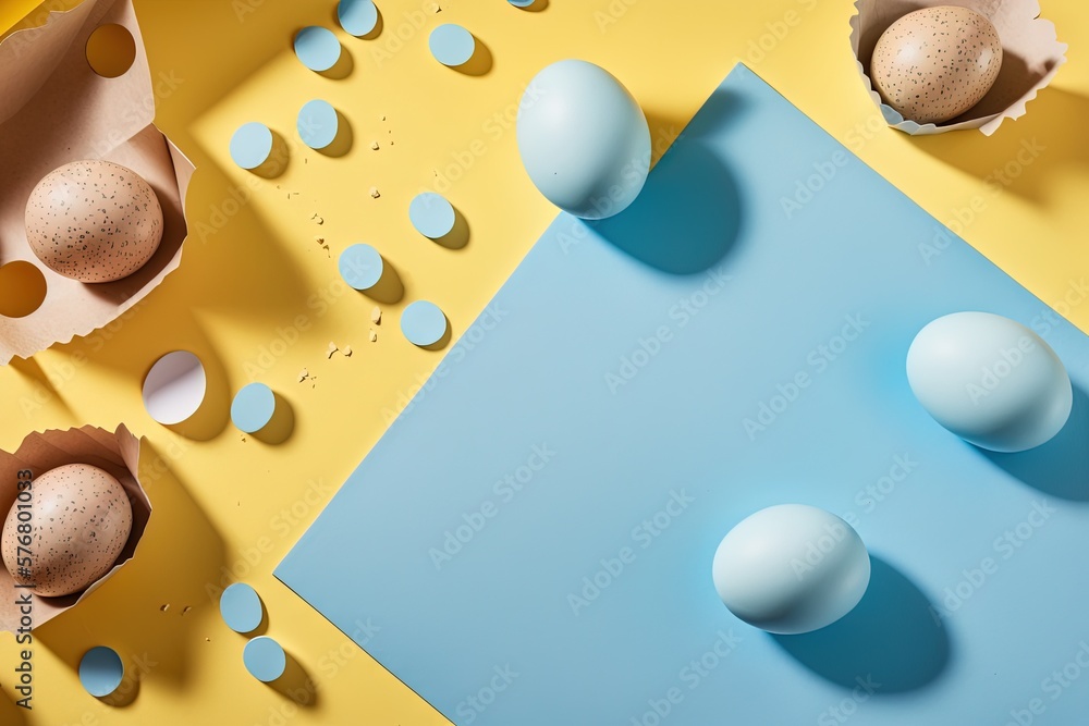  a group of eggs sitting on top of a blue and yellow tablecloth next to eggs in a carton on a yellow