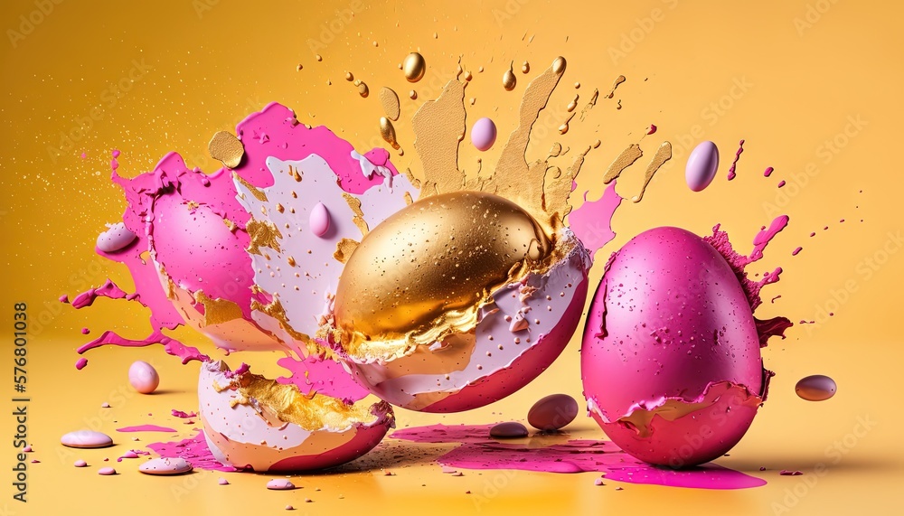  a group of three eggs with paint splashing out of them on a yellow and pink background with a splas