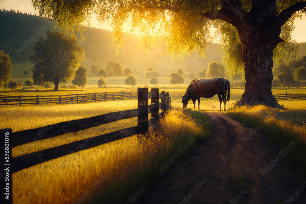 Idyllic rural landscape, trees, grass, soft light. Country farm scene. Generative AI