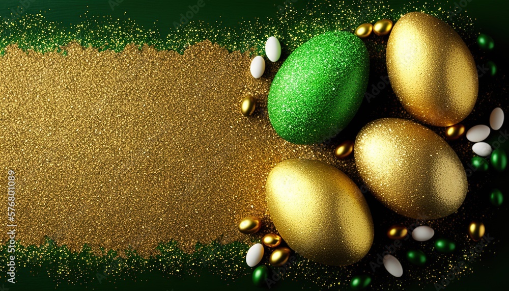  a group of gold and green eggs on a green and gold background with a place for a message or a messa