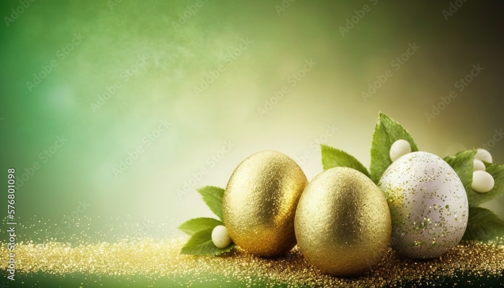  a group of golden eggs with leaves on a green and gold background with a green leaf and some white 