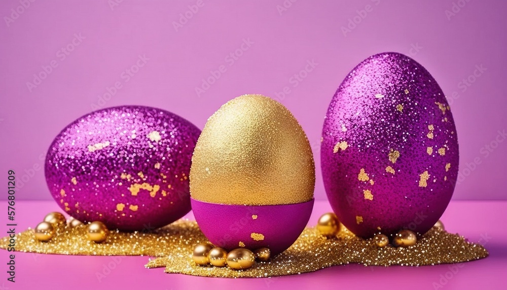  three purple and gold easter eggs on a pink background with gold glitters and a purple egg shell wi