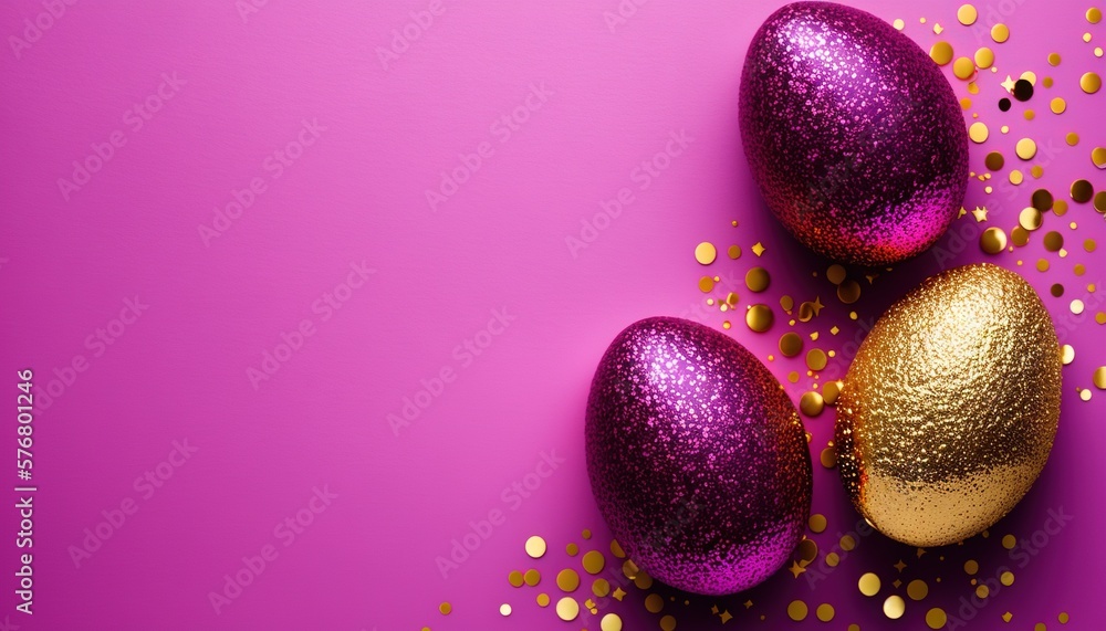  three shiny purple and gold easter eggs on a purple background with gold confetti around them and a