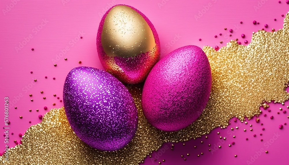  three purple and gold easter eggs on a pink background with gold glitter sprinkles and a pink backg