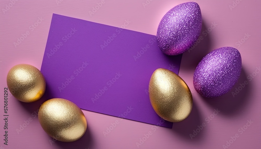  a purple card with gold foiled eggs on a purple background with a purple paper in the middle of the