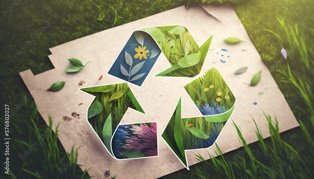  a piece of paper with a picture of a recycle on top of it in the middle of a grassy area with leave