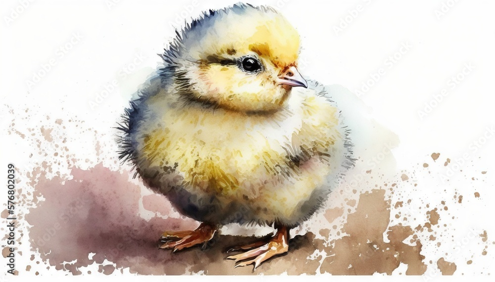  a watercolor painting of a small yellow chicken on a white background with a watercolor stain of th