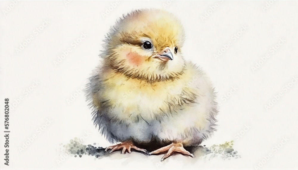  a watercolor painting of a small yellow and white chickling on a white background with a light brow