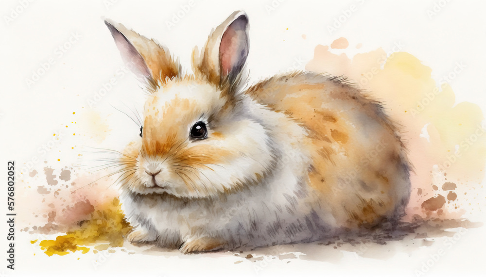  a watercolor painting of a rabbit sitting on a white surface with a yellow spot around its ear and