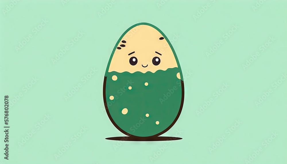  a cartoon egg with a face and a green body on a light green background with a black spot in the mid