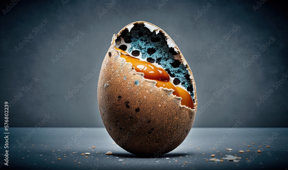  an egg shell with a blue and orange design on its side, with a black background and a gray wall in