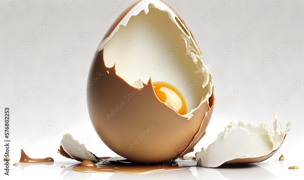  a cracked egg shell with an egg yolk in the middle of it, with the rest of the egg still in the she